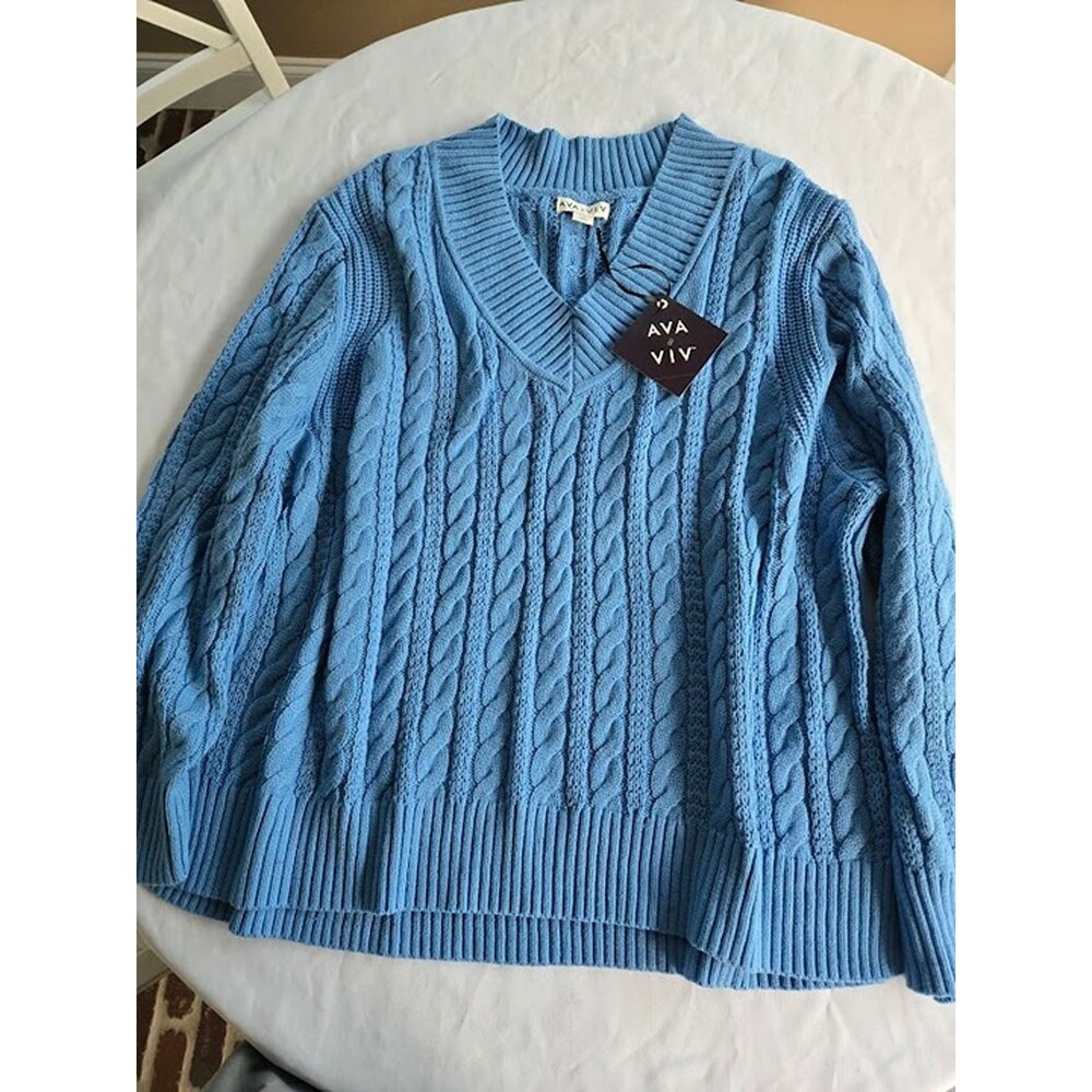 AVA & VIV Women's Blue Cable Knit V-Neck Sweater - Size 3X - NEW